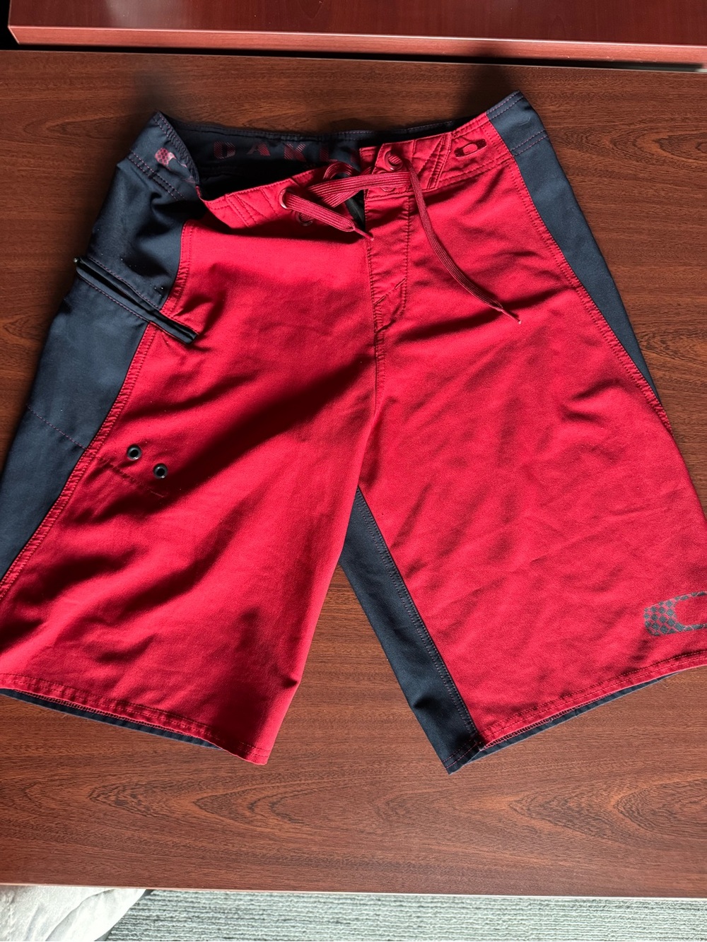 Vintage Oakley Red and Black Men's Swim Board Shorts